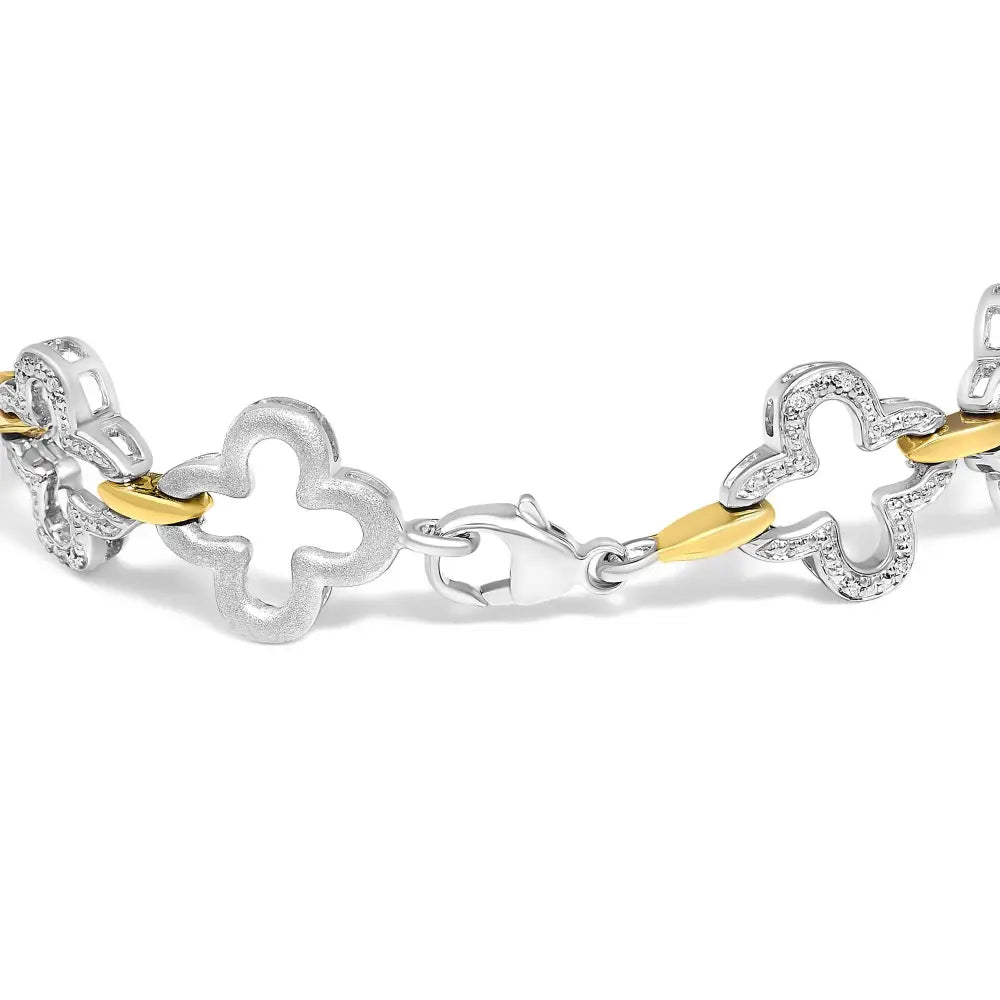 Two-Tone Sterling Silver Diamond Clover Tennis Bracelet 1/10 Cttw