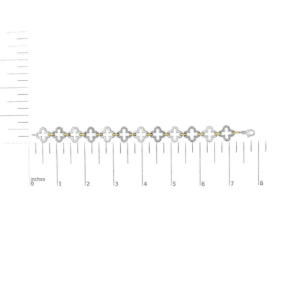 Two-Tone Sterling Silver Diamond Clover Tennis Bracelet 1/10 Cttw