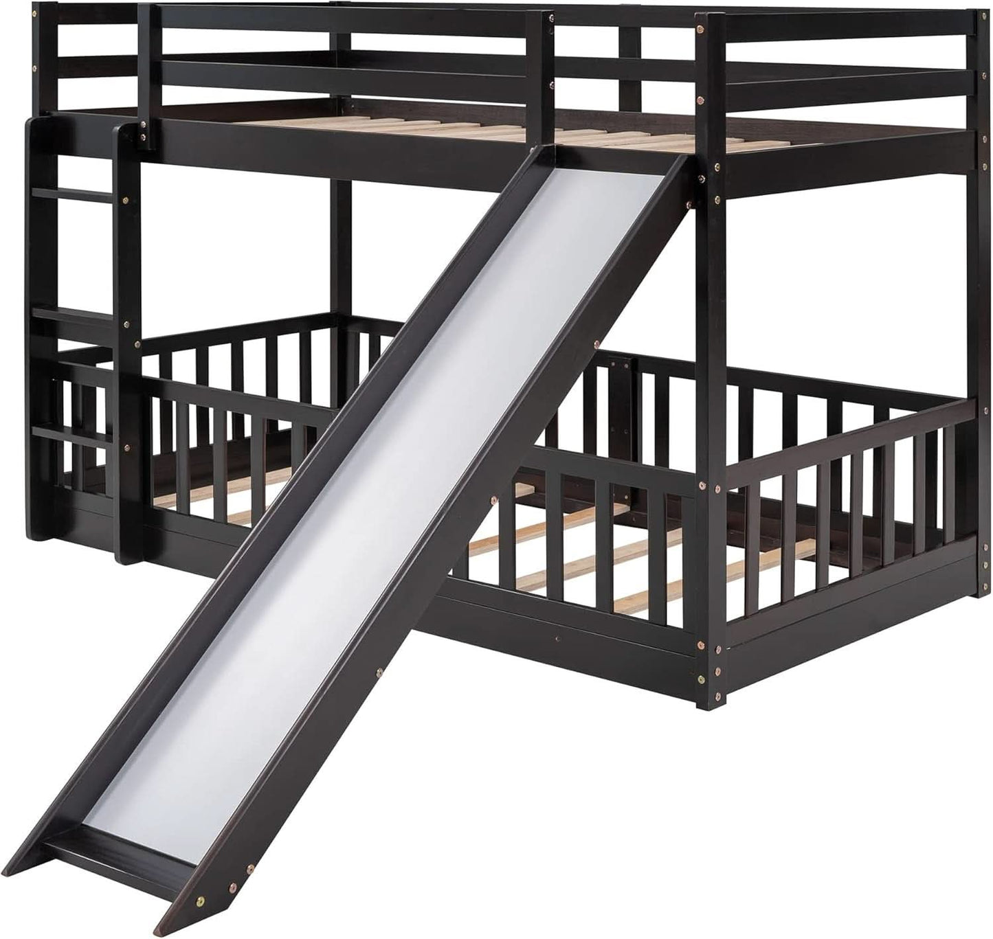 Twin Over Twin Floor Bunk Bed With Slide And Ladder