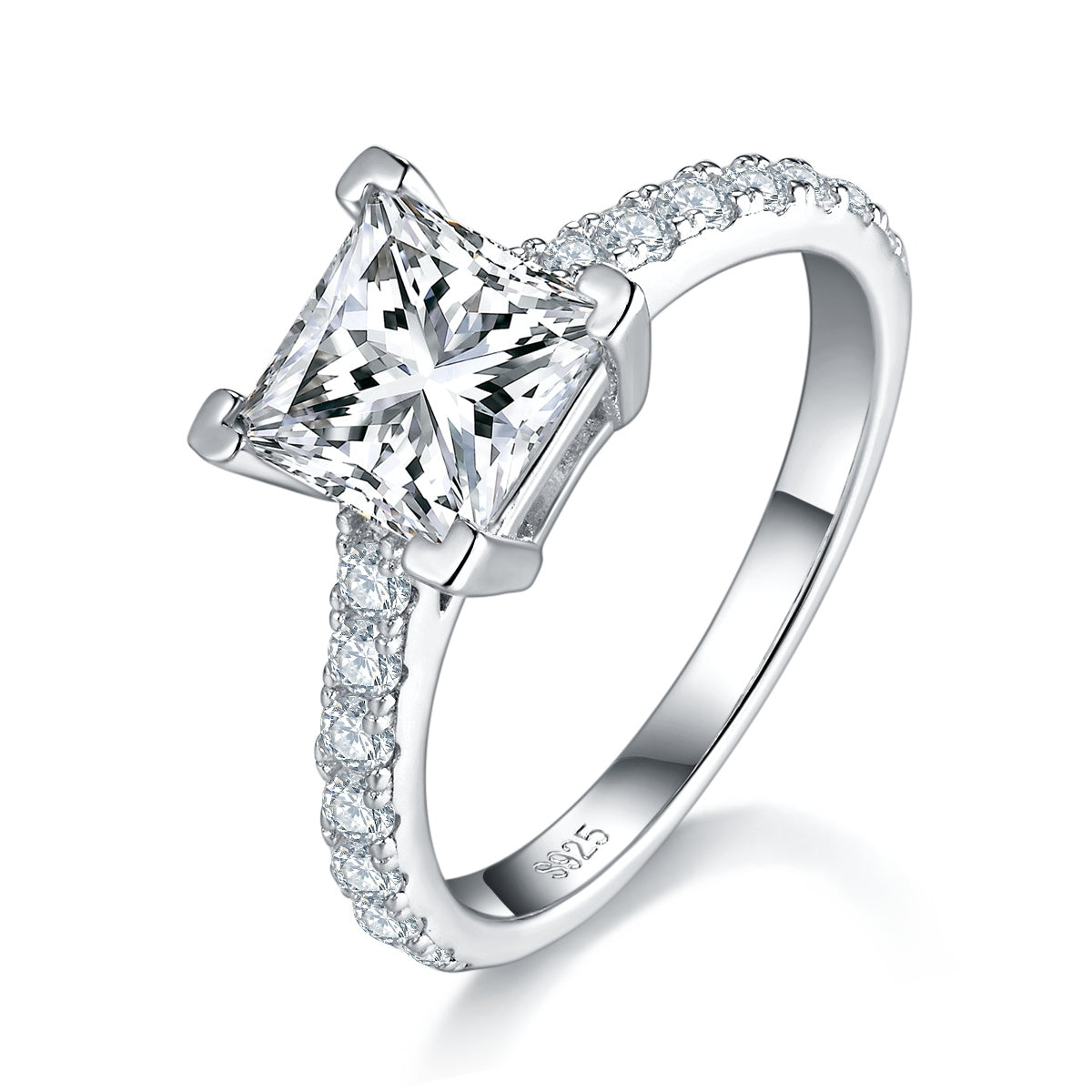 S925 Sterling Silver 2ct Princess Cut Moissanite Ring, 7x7mm D-VVS1 Pave Band, Platinum Plated US Sizes 5-9, GRA Certificate Jewelry Gift Box