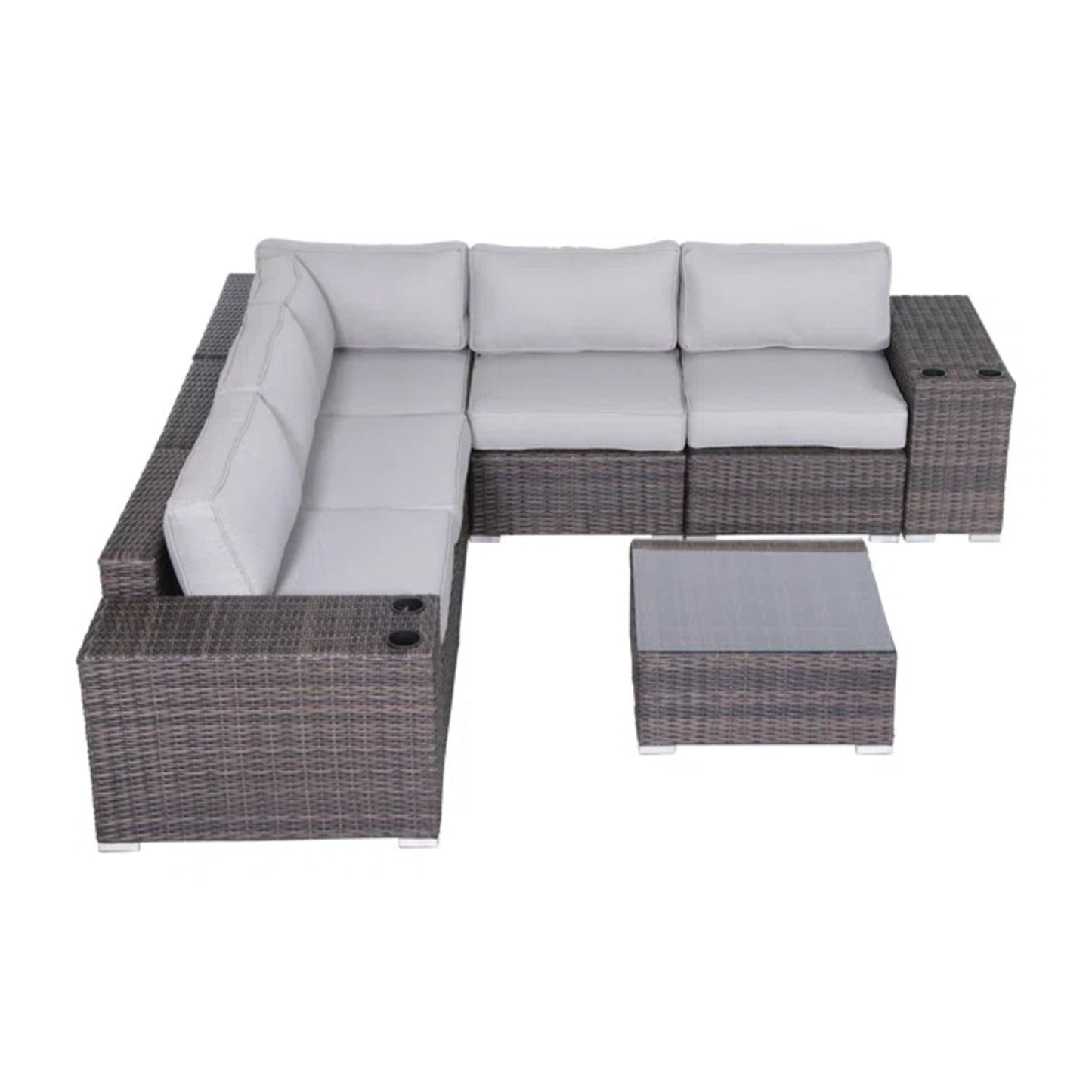 Outdoor Sectional Set HDPE Wicker Brown 8 Piece Sofa Glass Table Seats 4
