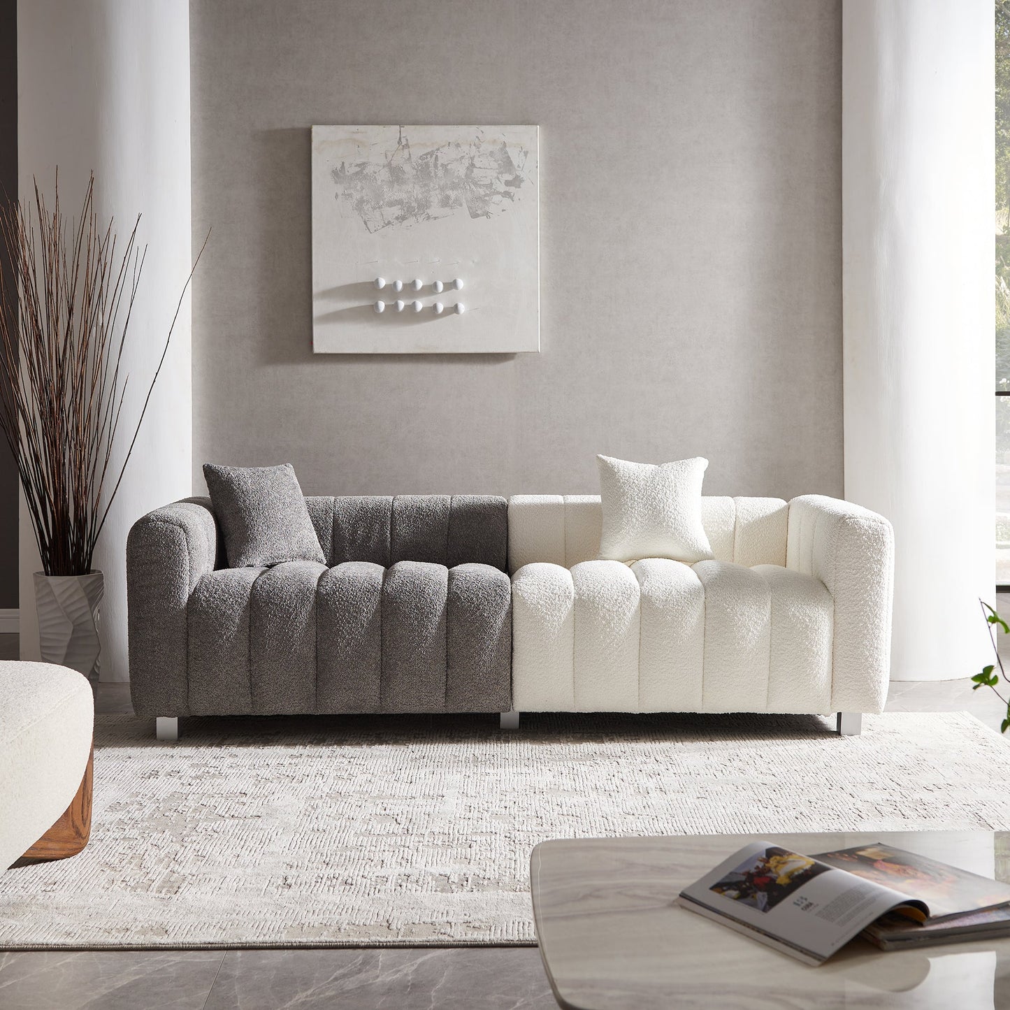 Sofa Modular Velvet Teddy White Gray 3 Seat Metal Legs 87 In 750 LB