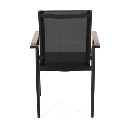 Dining Chair Outdoor Aluminum Mesh Black Natural Faux Wood Accent 22x25x36 In