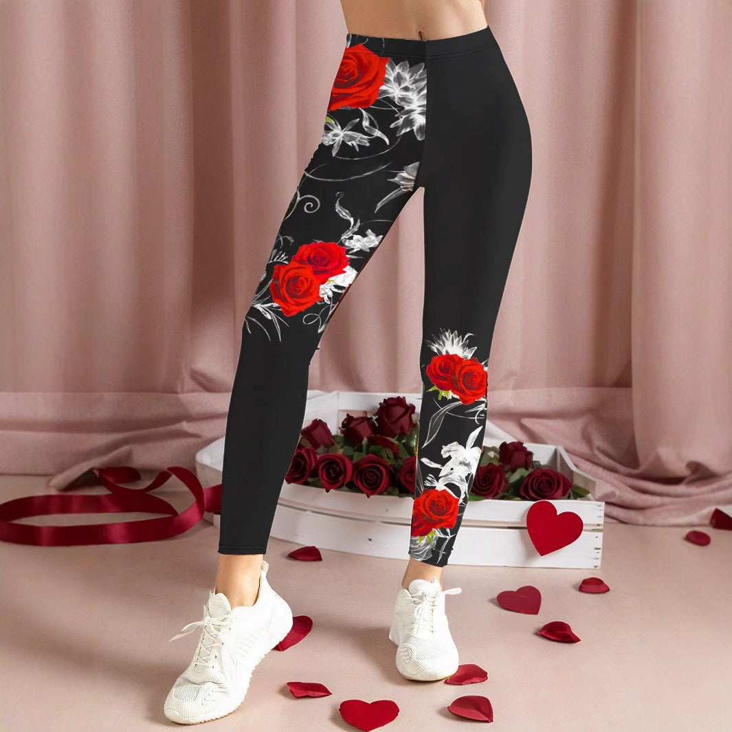 Rosed-print Leggings For Casual Wear In European And American Styles