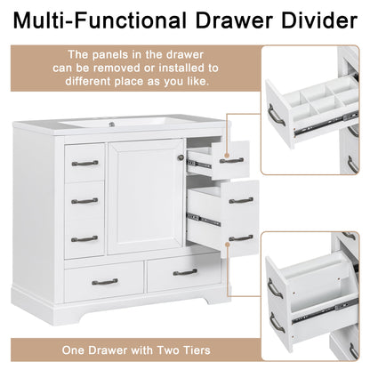 36' Bathroom Vanity with Sink Combo, Six Drawers, Multi-Functional Drawer Div...