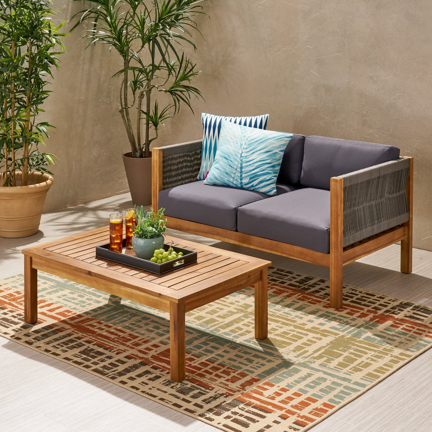 Outdoor Patio Set Acacia Wood Rope Teak Cushions 4 Seater