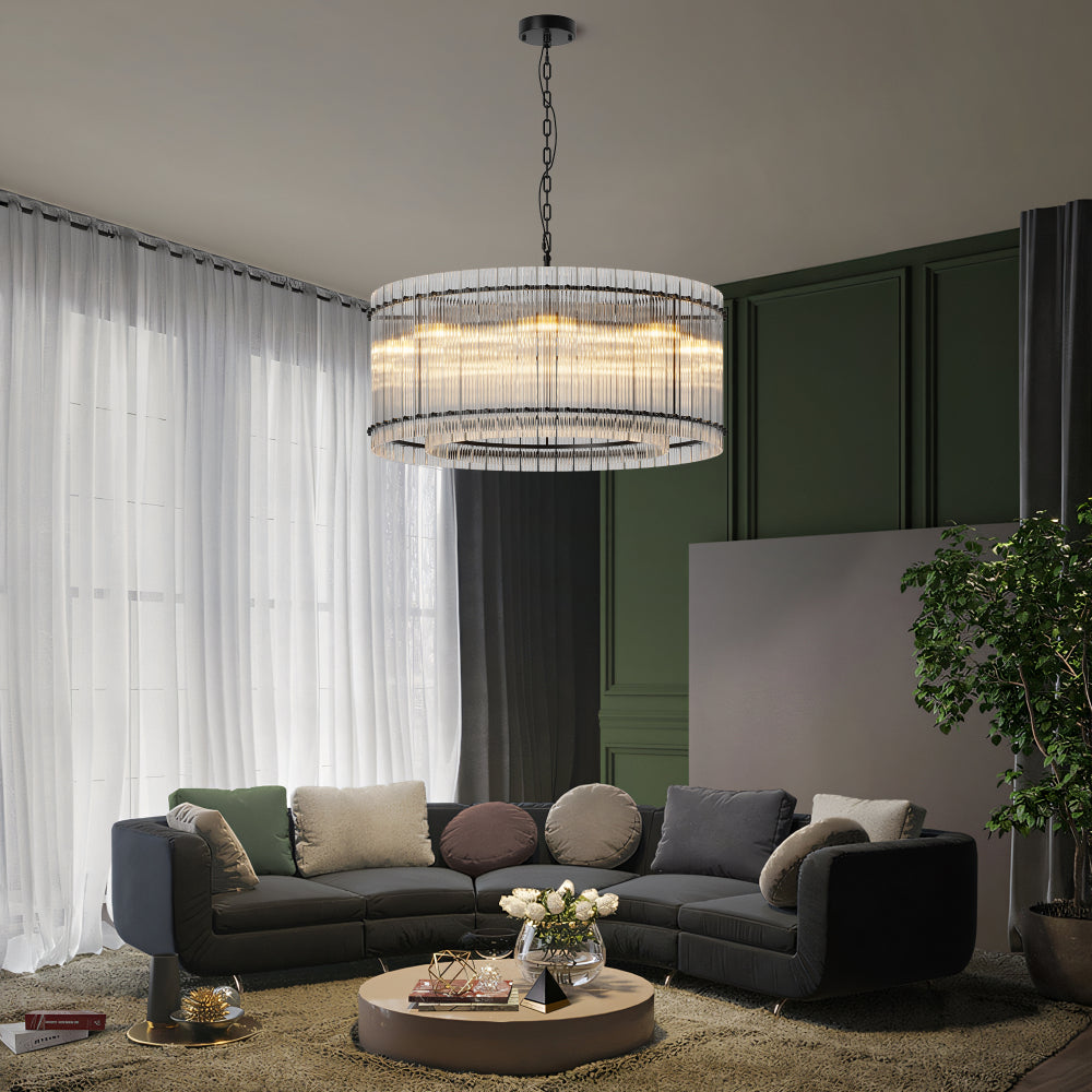 Water Ripple Crystal Glass Chandelier | 8/10-Light Modern Handmade Corrugated Glass Ceiling Light — Black or Gold, Round or Rectangular