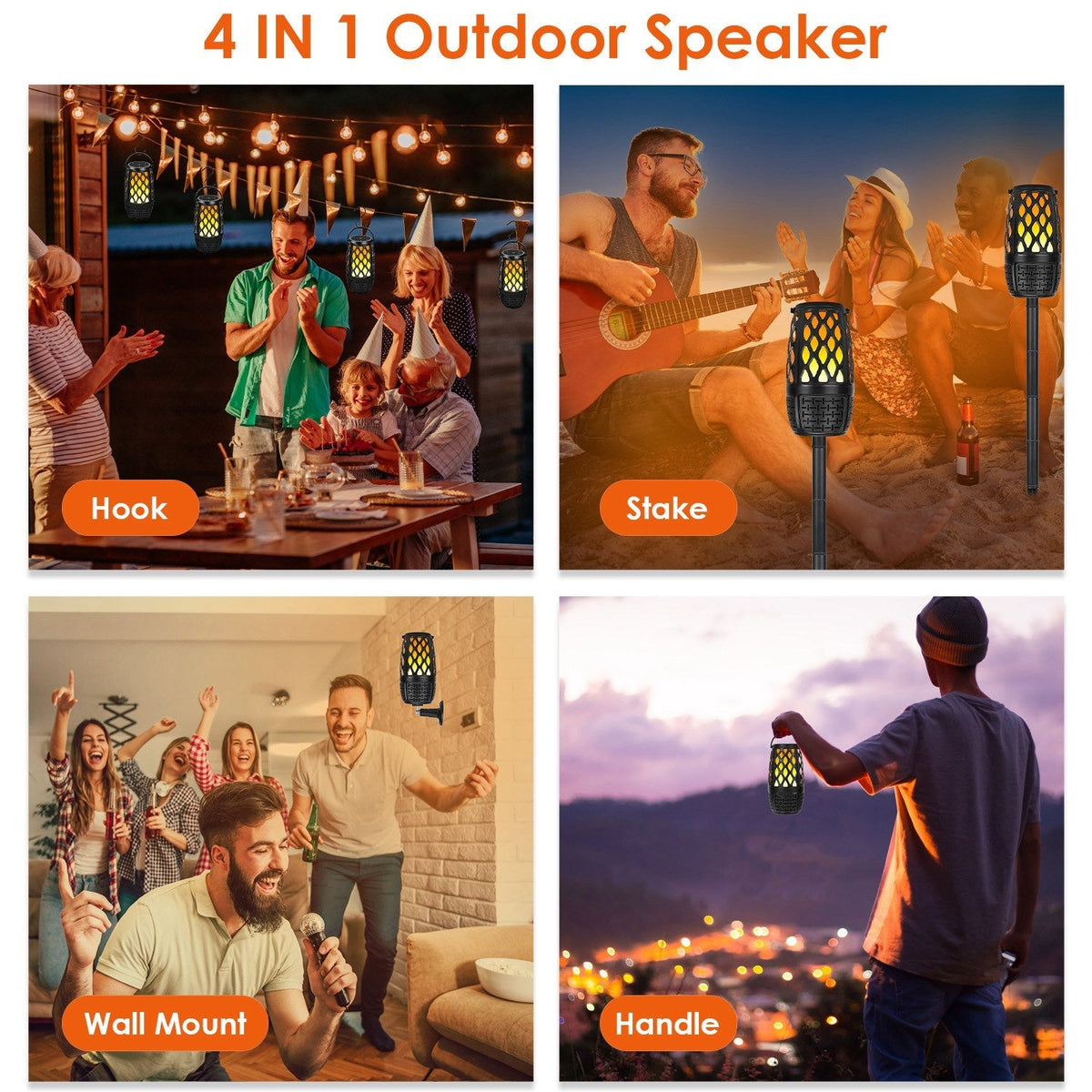 4-in-1 Wireless 5.3 Outdoor Speaker – IPX5, LED Flame, Sync