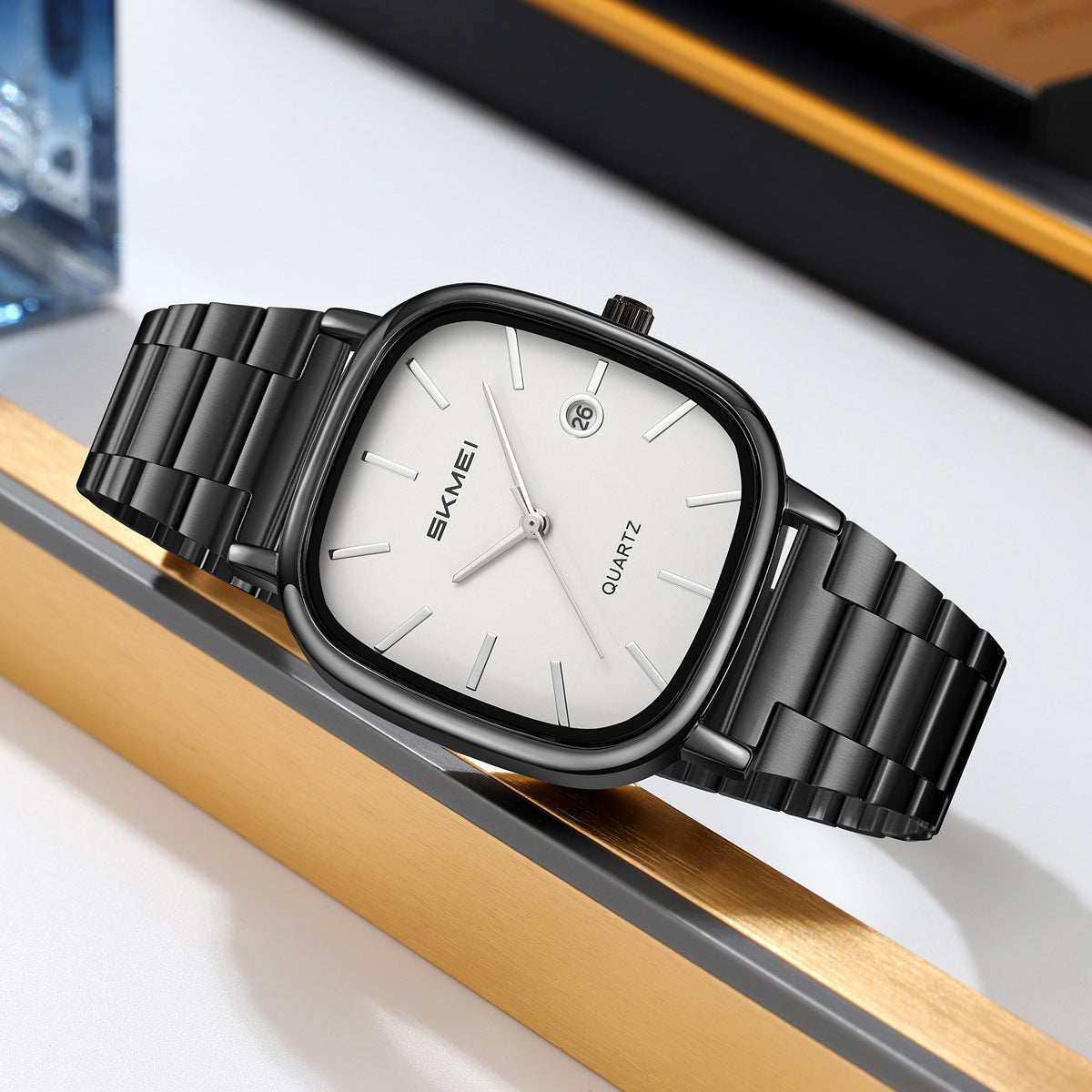 Retro Square-quartz Watch Mens Business Steel-band Calendar Wristwatch