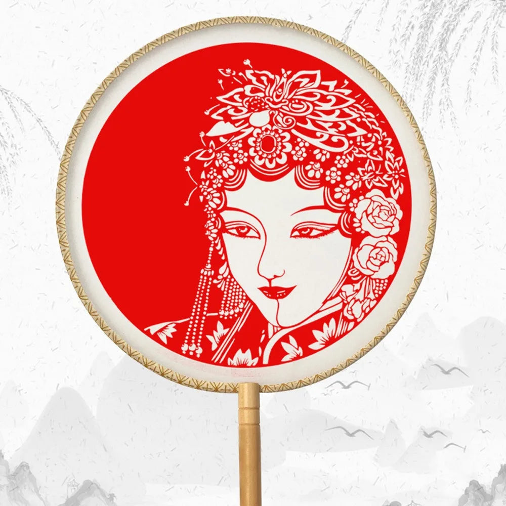 Chinese Paper-Cut Silk Round Hand Fan with Tassel