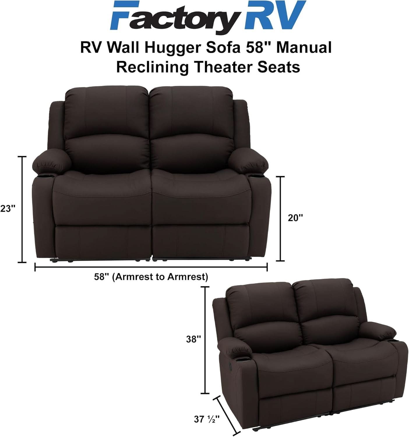 58 Inch Double Wall Hugger Theater Recliner Sofa, Chocolate