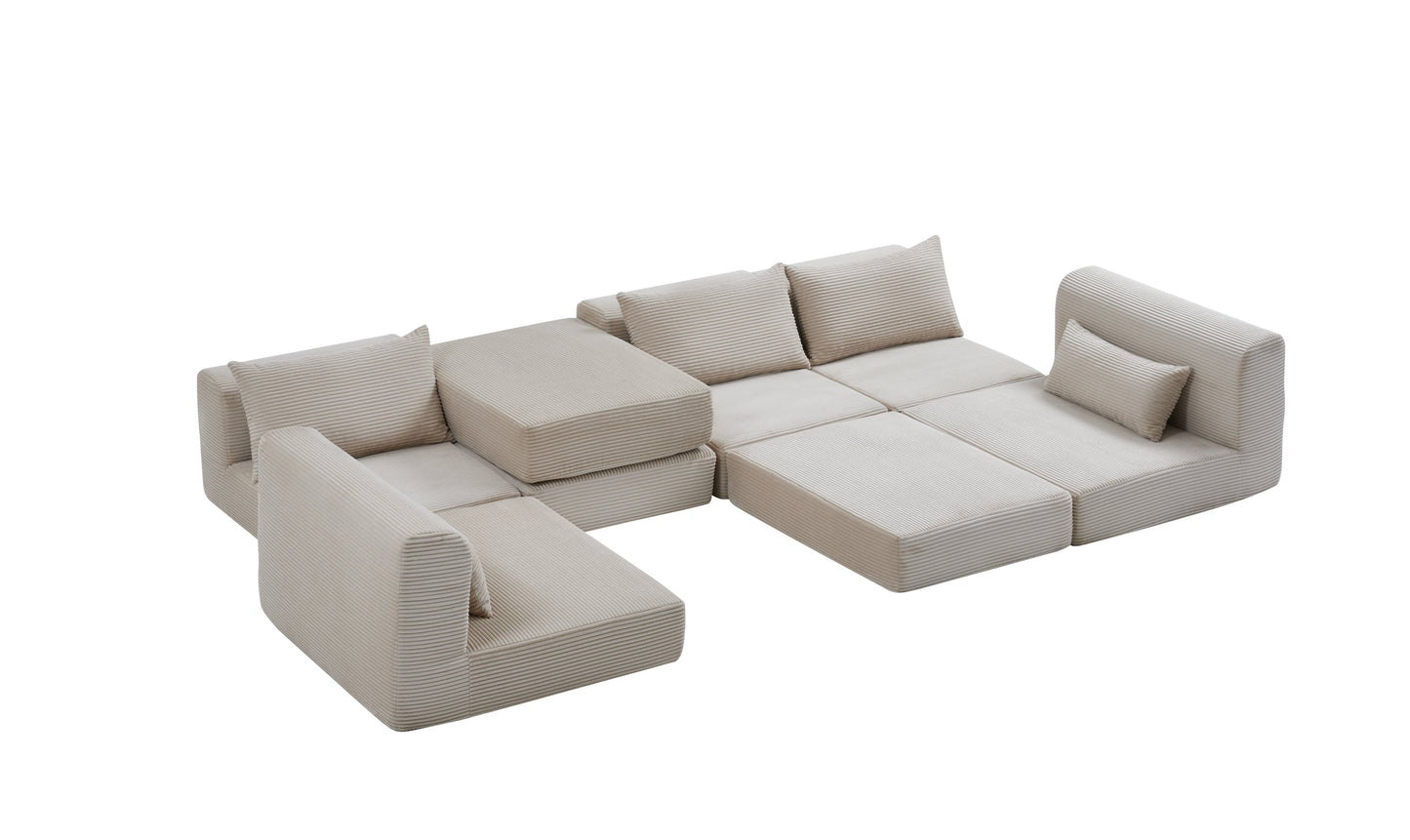 Sectional Sofa L-Shape Fabric Camel 4 Seat 100 In 5 Pillows No Assembly