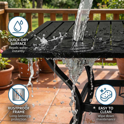 5 Piece Outdoor Dining Set Black Metal Square Table 4 Folding Chairs