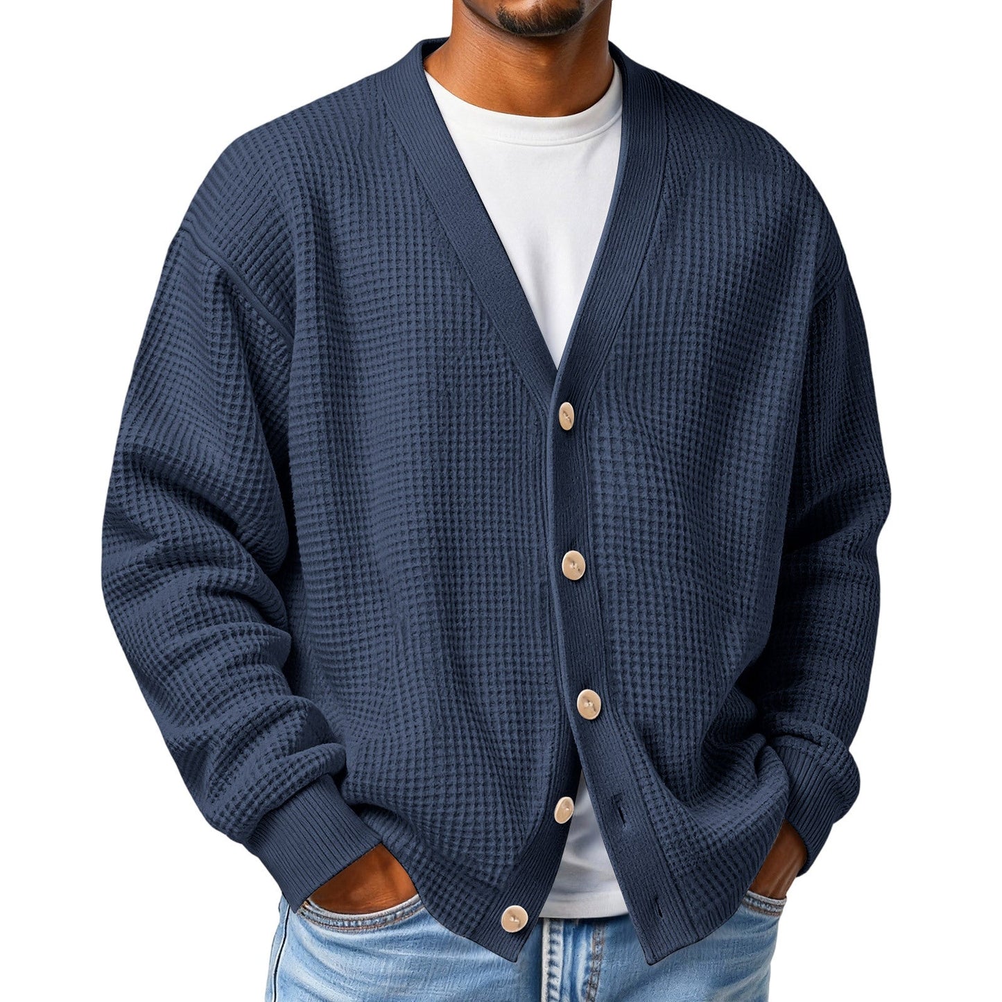 Mens Casual Loose-fit Long-sleeve Knitted Cardigan