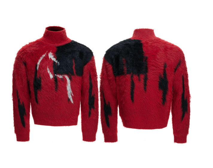 Mink-faux Fur Contrast-color Sweater With Diamond-embellished Horse Totem Knitwear