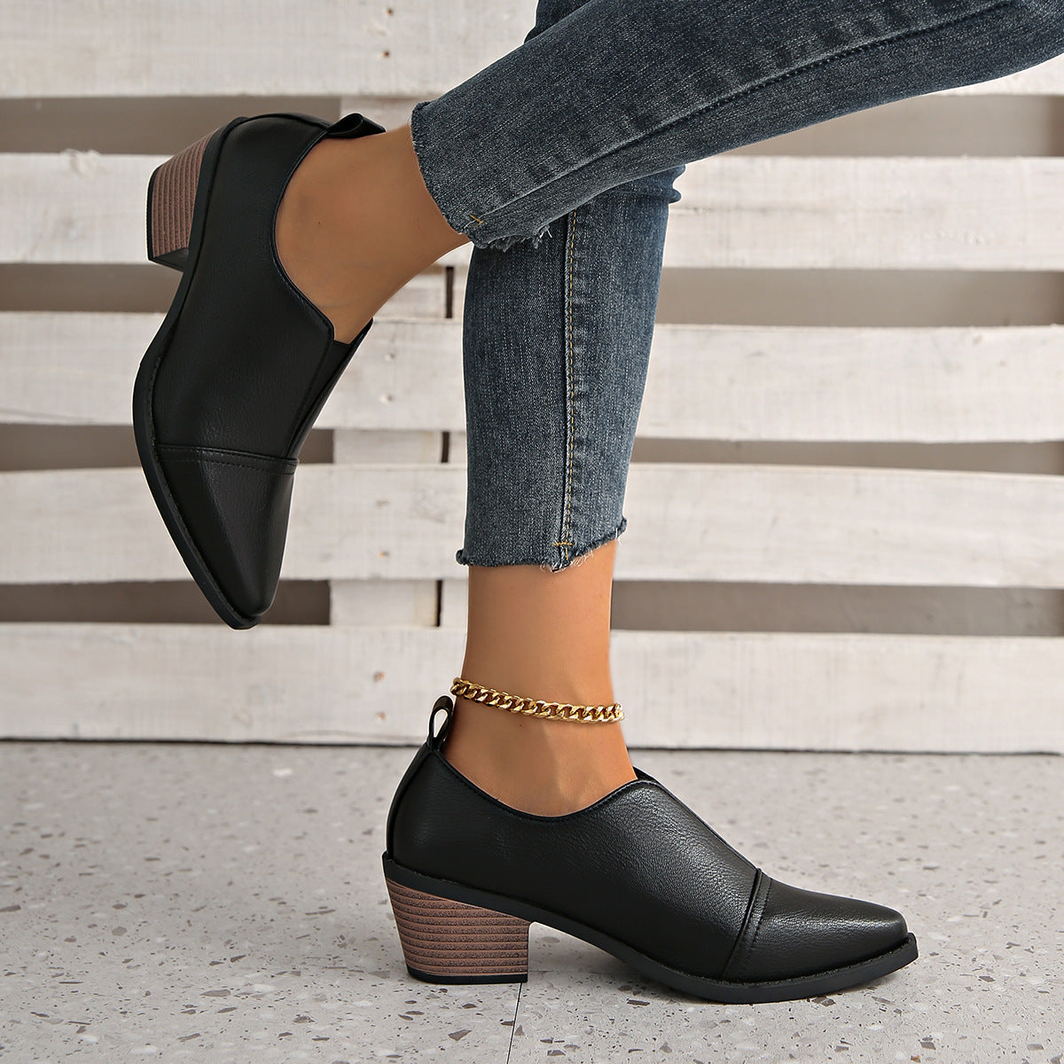 New Spring And Autumn Pointed-toe Chunky-heel Casual Low-top Shoes