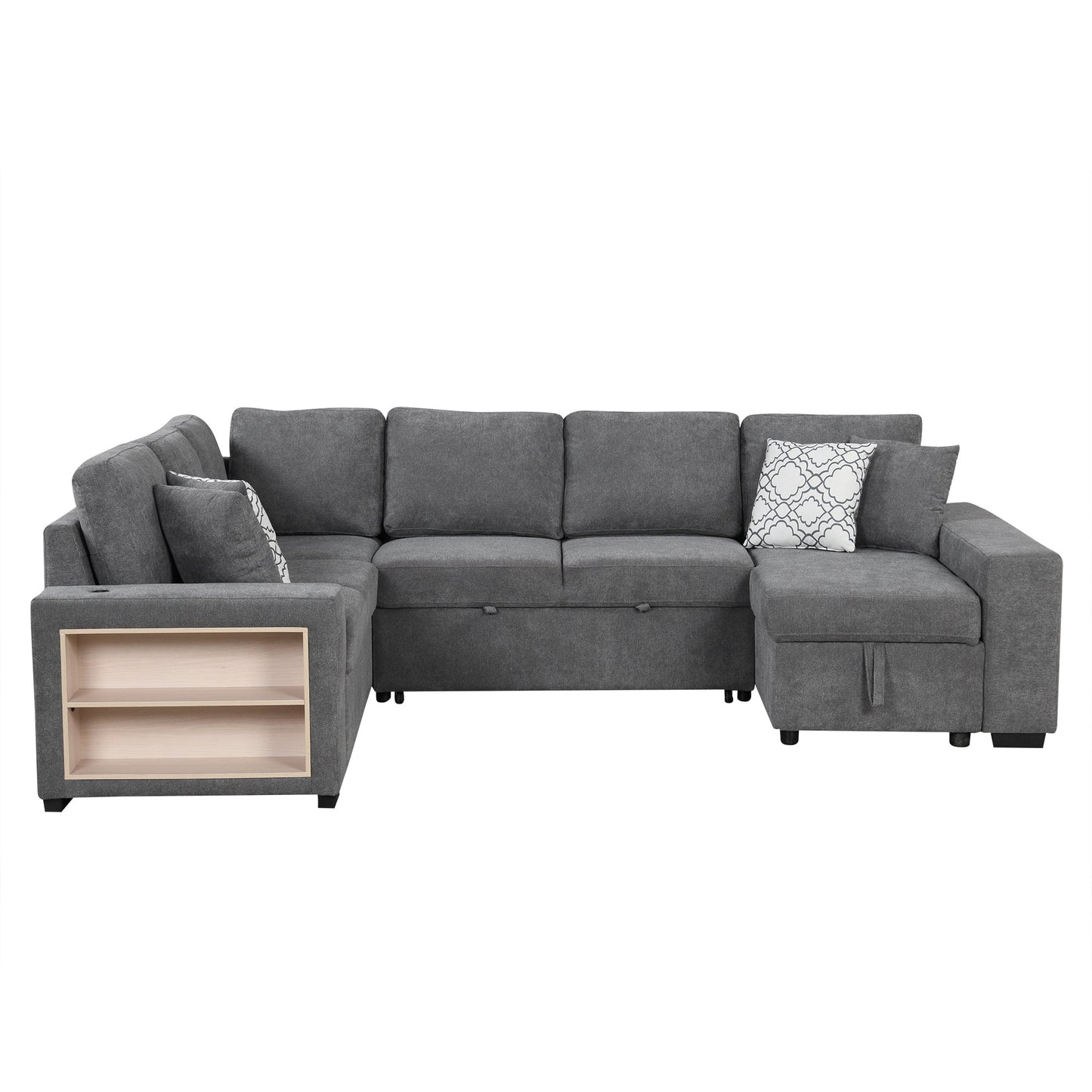 Sectional Sofa U-Shape Chenille Gray 5 Seat USB Ports Pull-Out 109 In