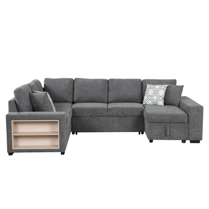 Sectional Sofa U-Shape Chenille Gray 5 Seat USB Ports Pull-Out 109 In