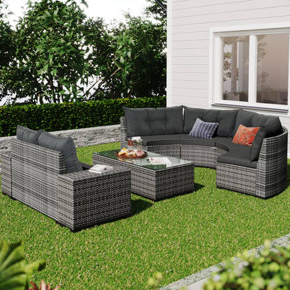 Outdoor Sectional Set PE Wicker Steel Gray Half Moon 8 Piece 250 LB