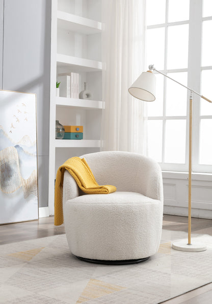Accent Chair Swivel Barrel Teddy Fabric Ivory Black Ring Base 360 Degree 250 LB