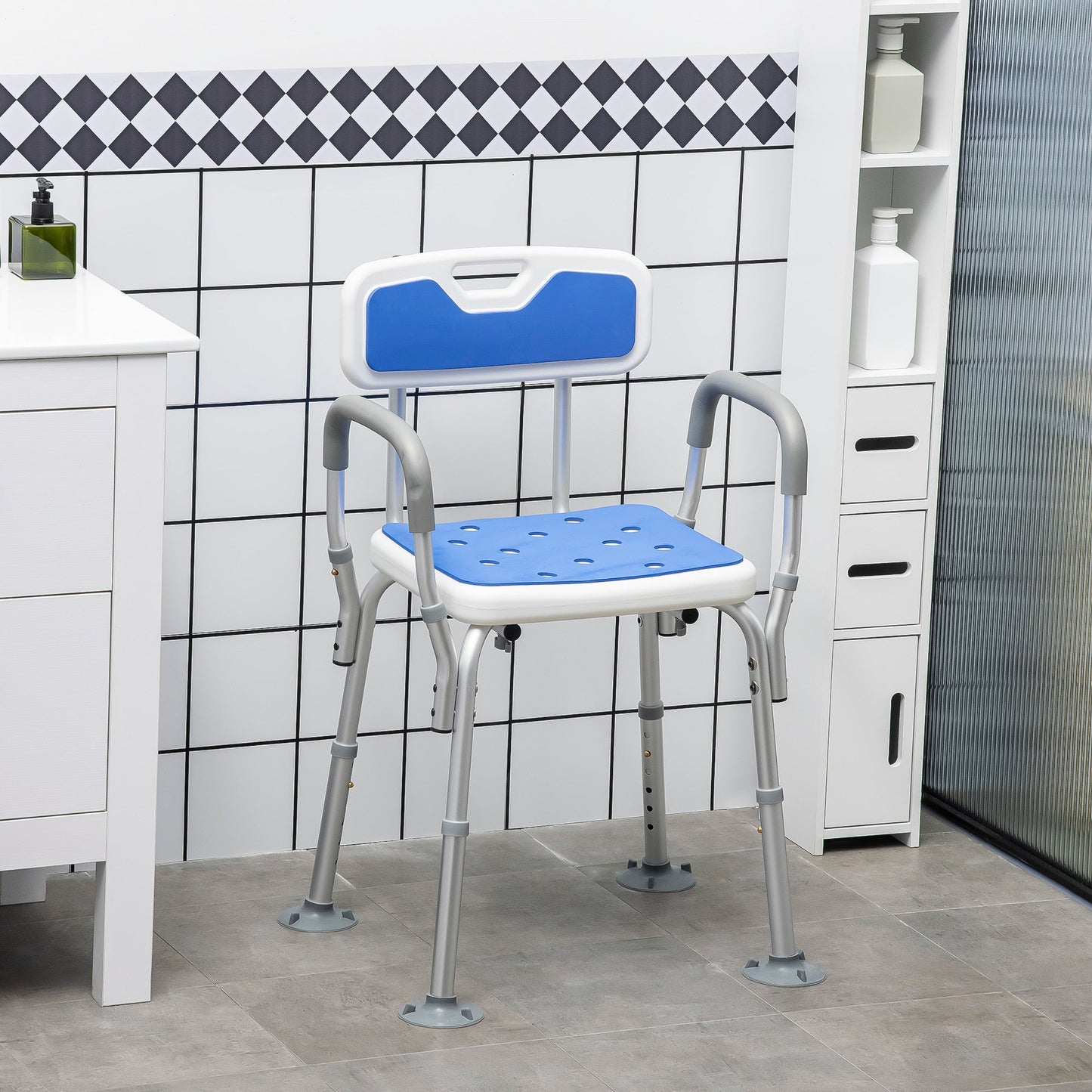 Shower Chair EVA Padded Back Arms Aluminum 299 LB 6-Level Adjustable Blue
