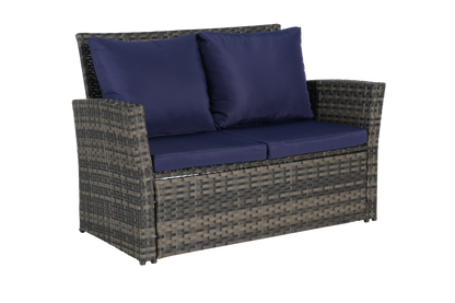 Outdoor Patio Set PE Rattan Steel Dark Blue 4 Piece Glass Seats 4