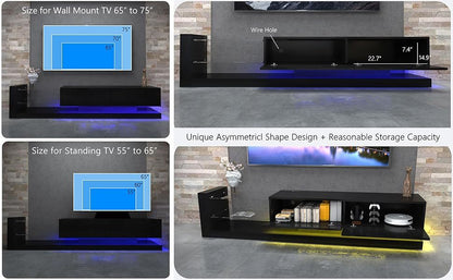 TV Stand LED Black Particle Board Tempered Glass Shelves Fits 75 In TV