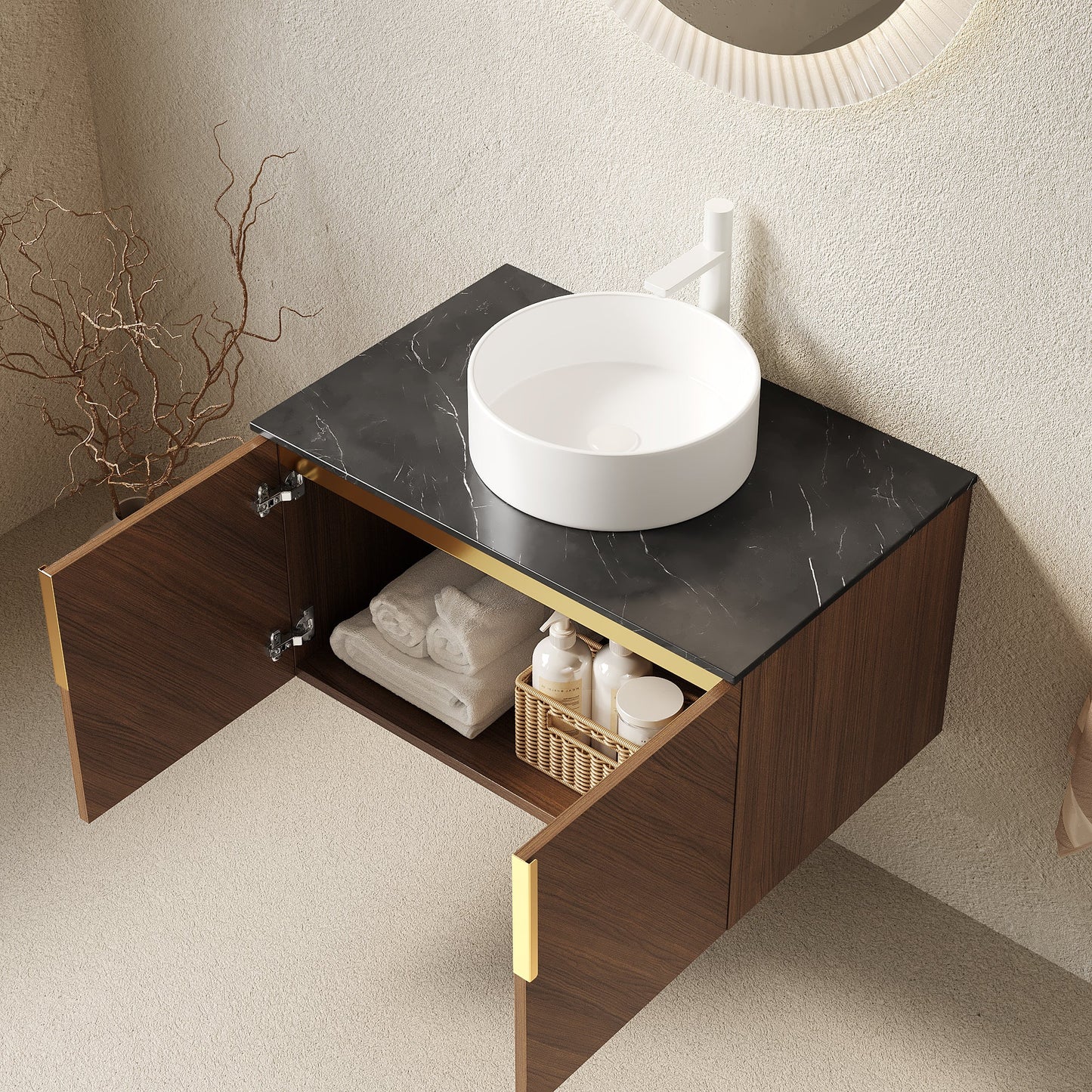 30' Bathroom Vanity with Sink, Wall-Mounted Plywood Cabinet Black Sintered Stone Top