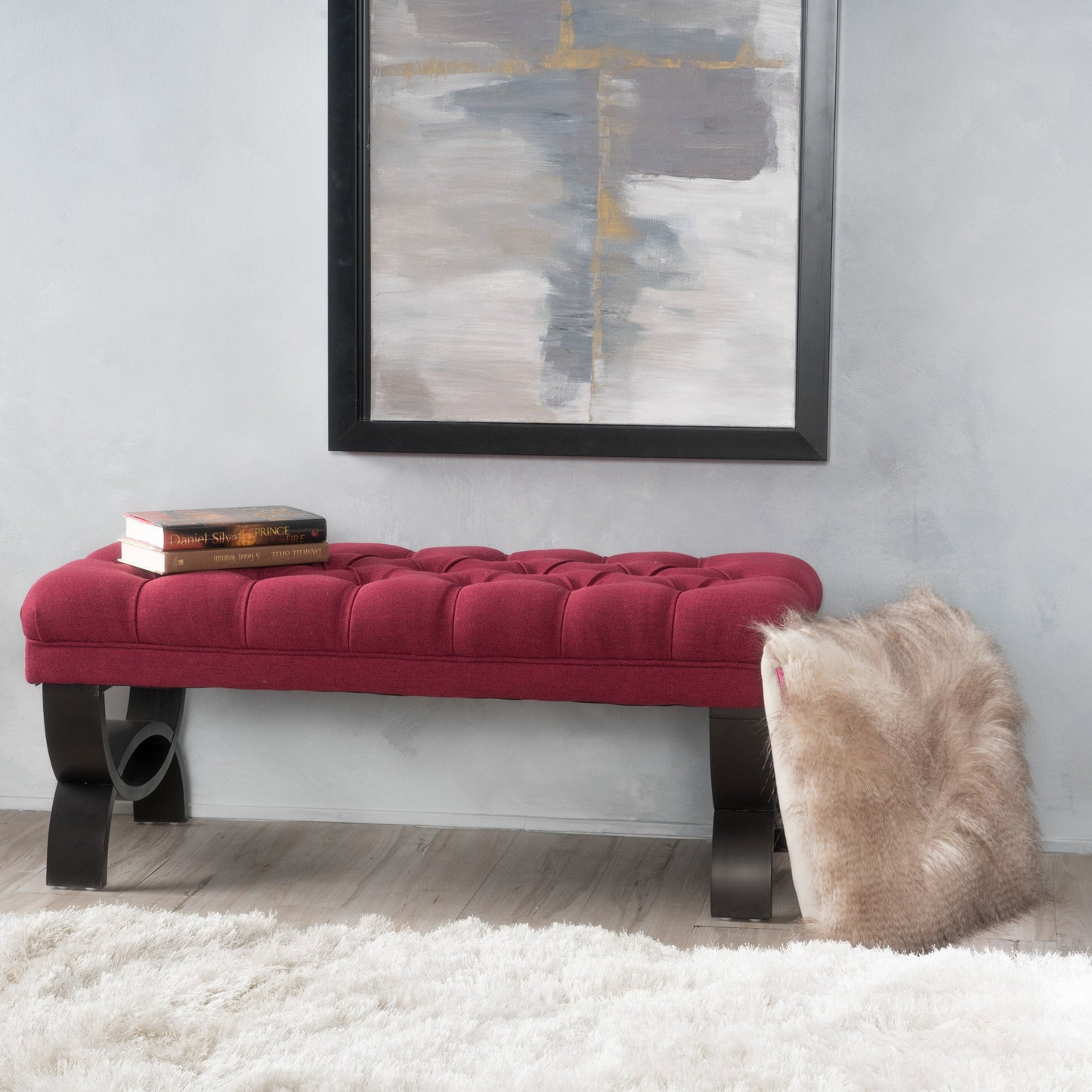 Ottoman Bench Button Tufting Half-Circle Legs, Red Fabric, 41x17x16.75