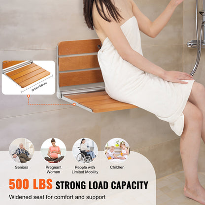 Shower Seat Folding Wall-Mounted Teak Wood 500 LB 20.9x16 In Space-Saving
