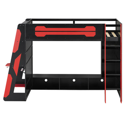 Twin Size Wood Loft Bed with Desk, Multi-storage Shelves and RGB Light, Red