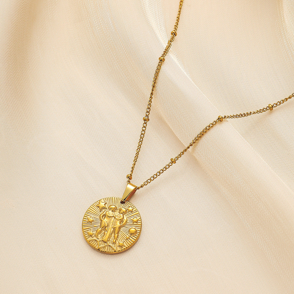 Stainless Steel Round Twelve Constellation Coin Relief Necklace