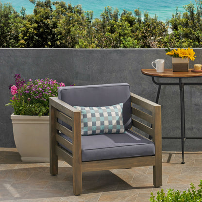 Outdoor Club Chair, Acacia Wood Patio Chair with Fabric Cushion, Backyard, Grey