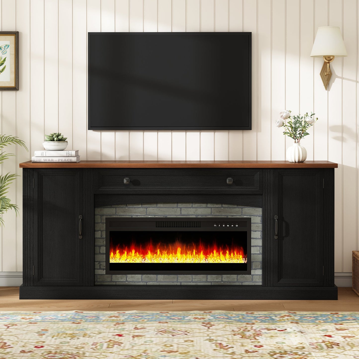 TV Stand Fireplace Black MDF Walnut Top Gray Brick 1400W Fits 70 In TV 66.9 In