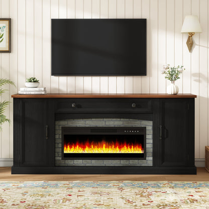 TV Stand Fireplace Black MDF Walnut Top Gray Brick 1400W Fits 70 In TV 66.9 In