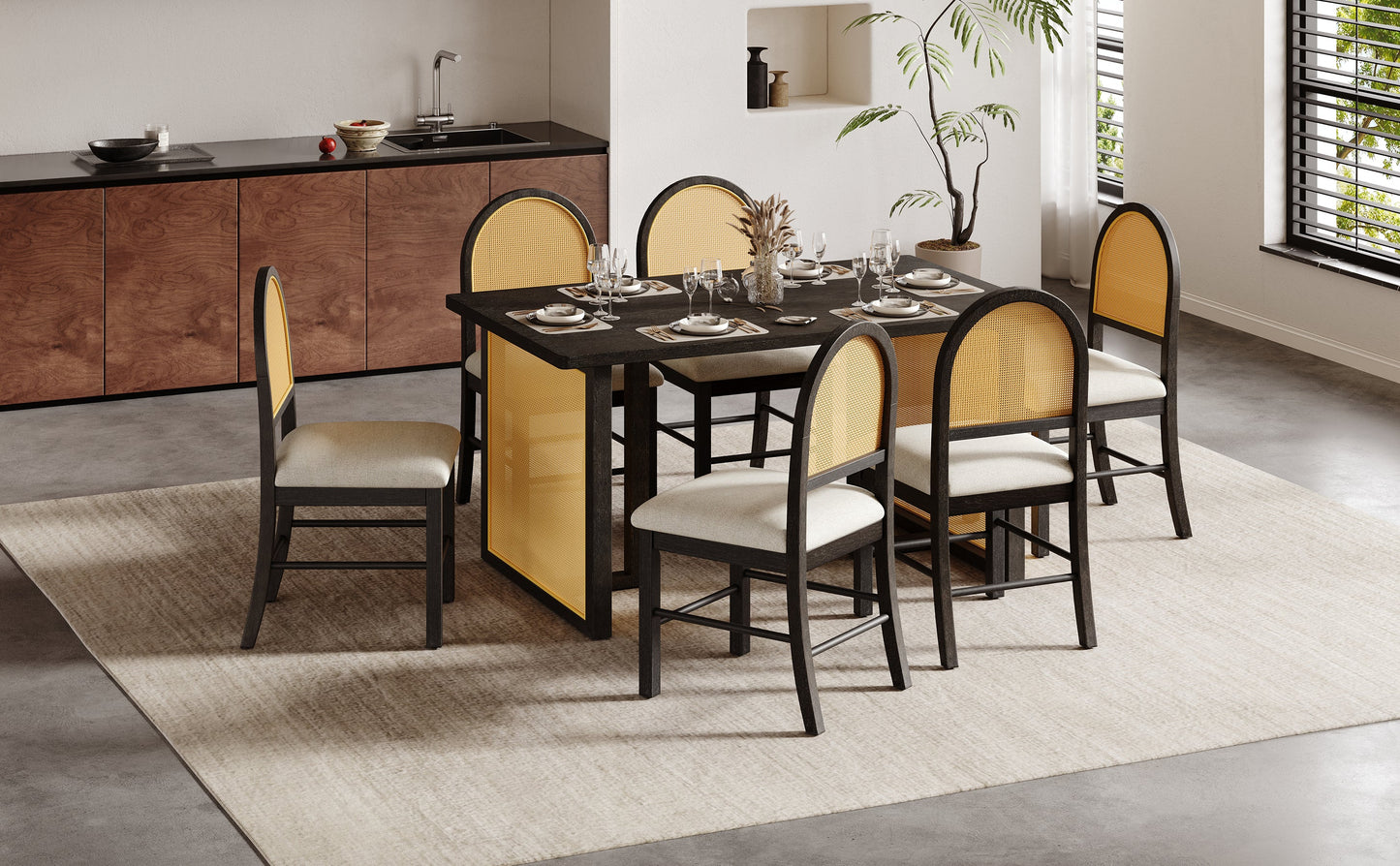 7-Piece Farmhouse Dining Table Set for 6, 59.8 in Rectangular Table with Rattan Chairs