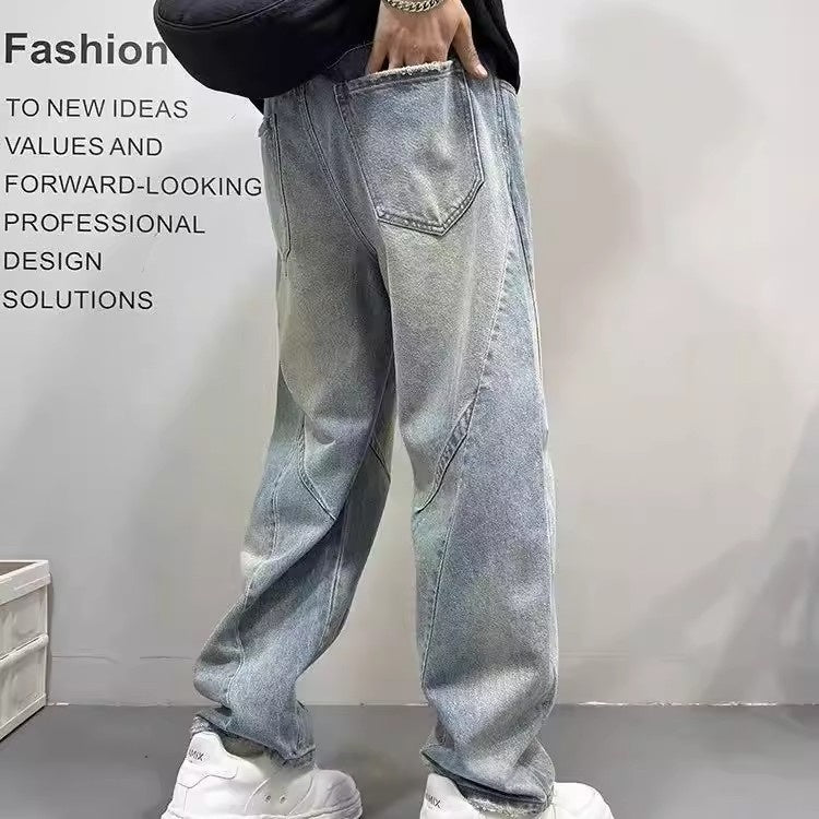 Patchwork Vintage Washed Loose Straight-leg Pants American-style Edgy And Cool Sabre-cut Trousers