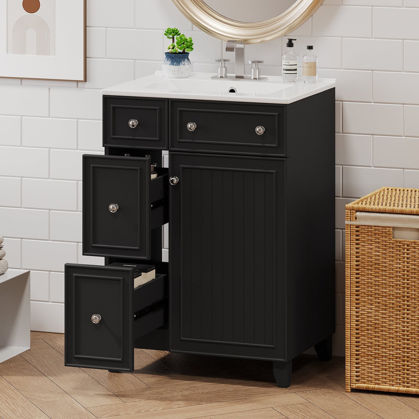 Transitional Bathroom Vanity Cabinet with Ceramic Sink, 24-Inch, Black, Solid...