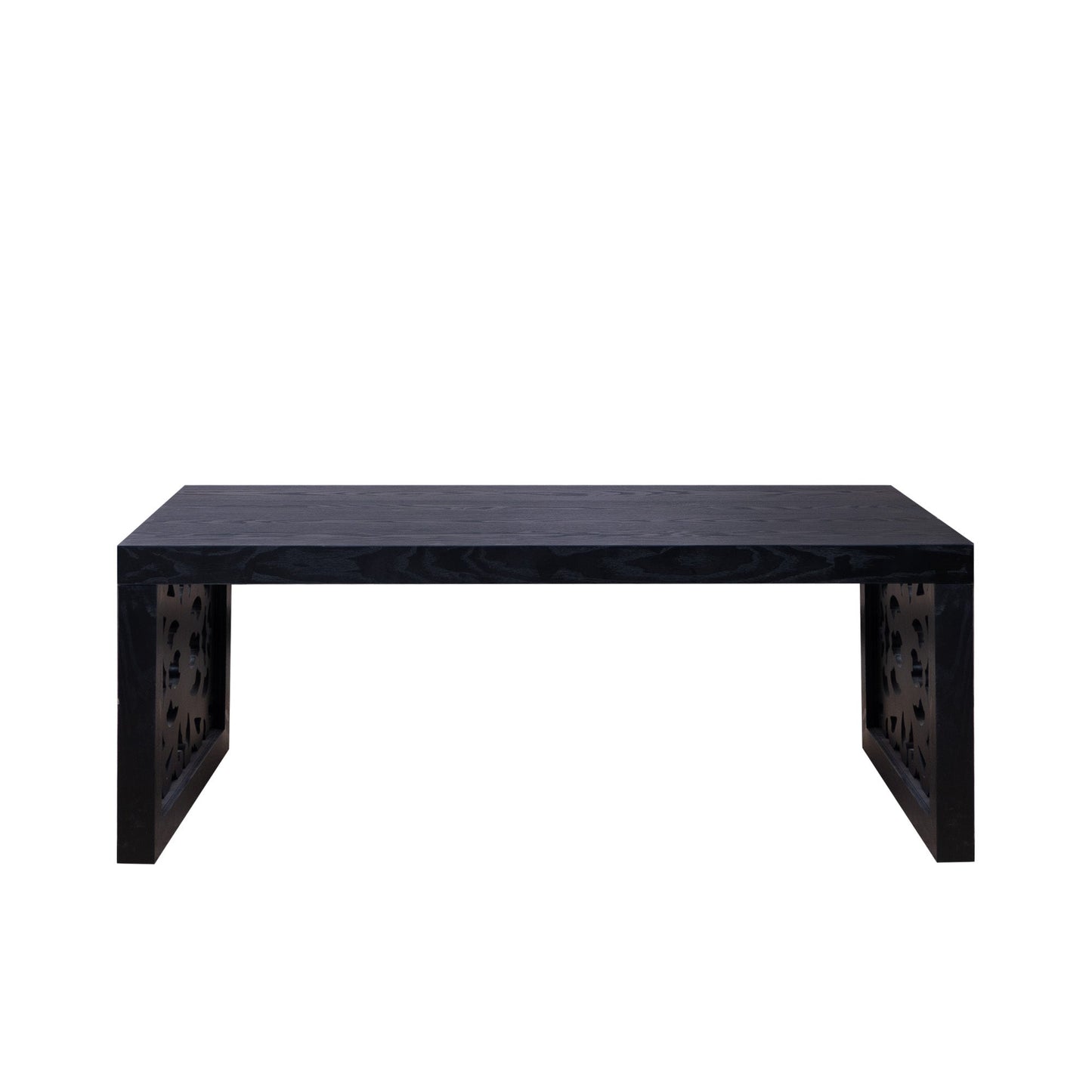 47.2 in Solid Black Carved Wood Coffee Table, Handcrafted Ornate Side Panels