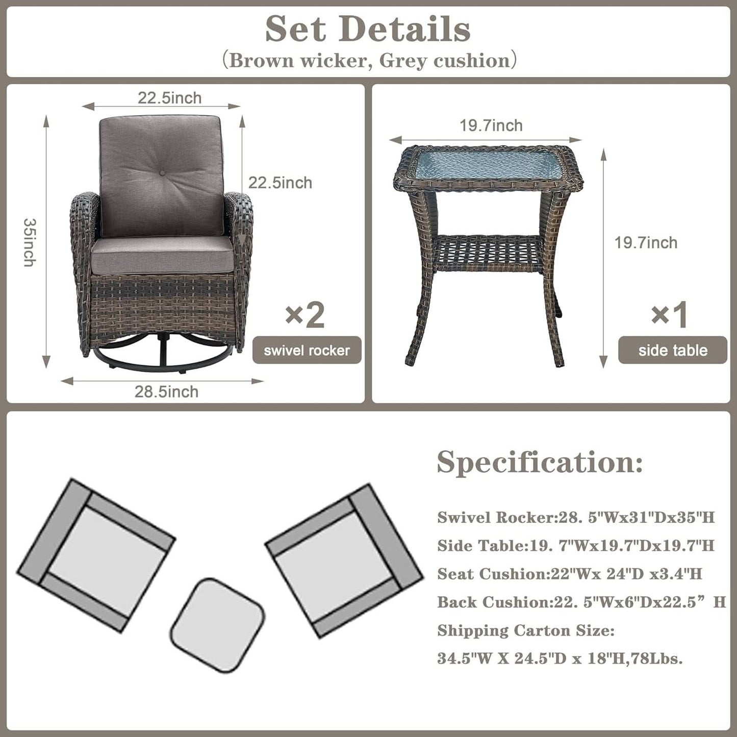 Brown Wicker Swivel Patio Set 2 Chairs Glass Table