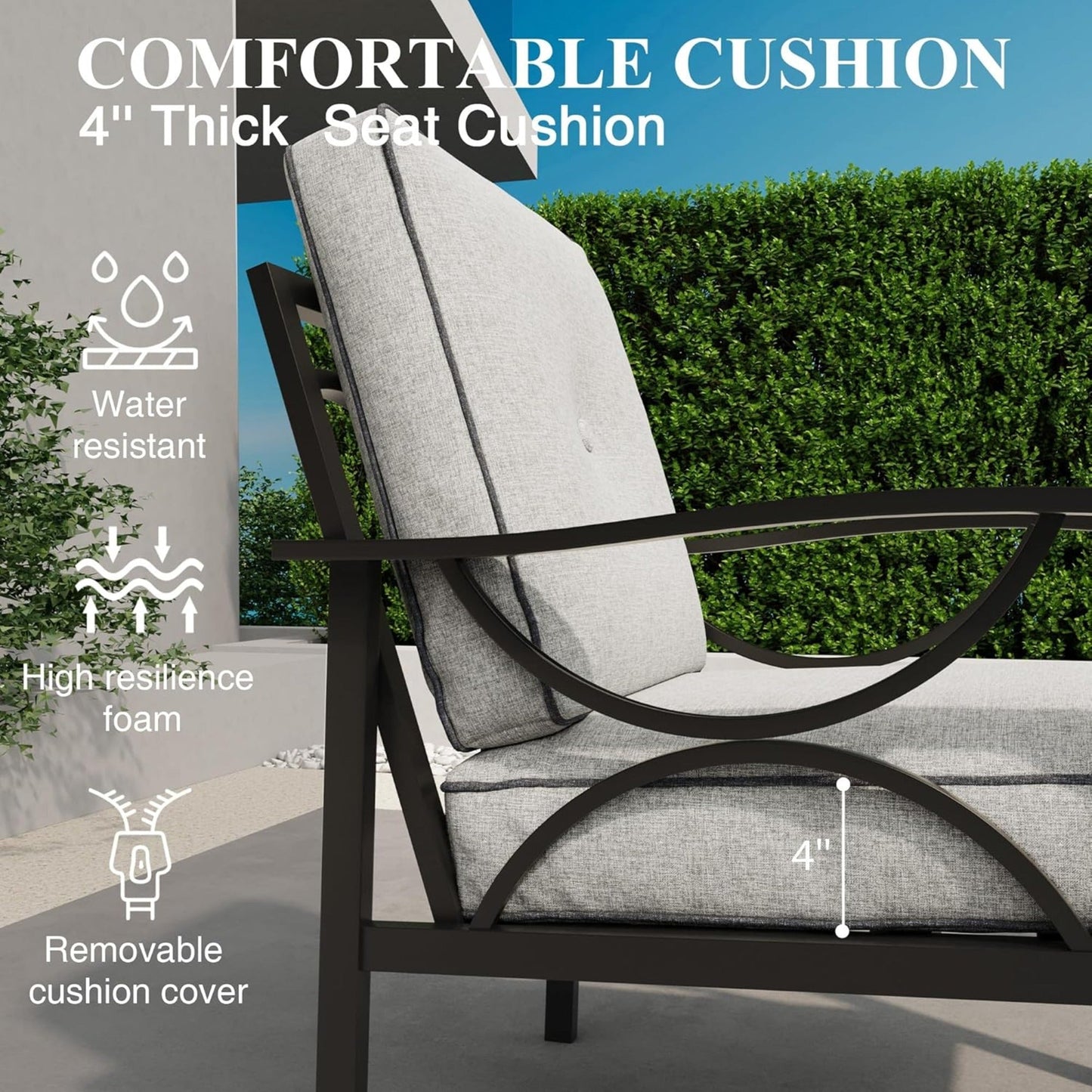 Outdoor Patio Set Metal Black Gray Cushion 4 Piece Seats 5