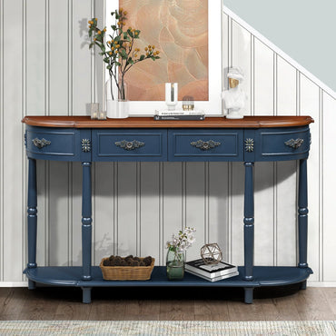 Retro Half-Moon Console Table with 2 Drawers & Open Shelf | 52" Curved Solid Wood Sofa Table — Navy Blue & Brown