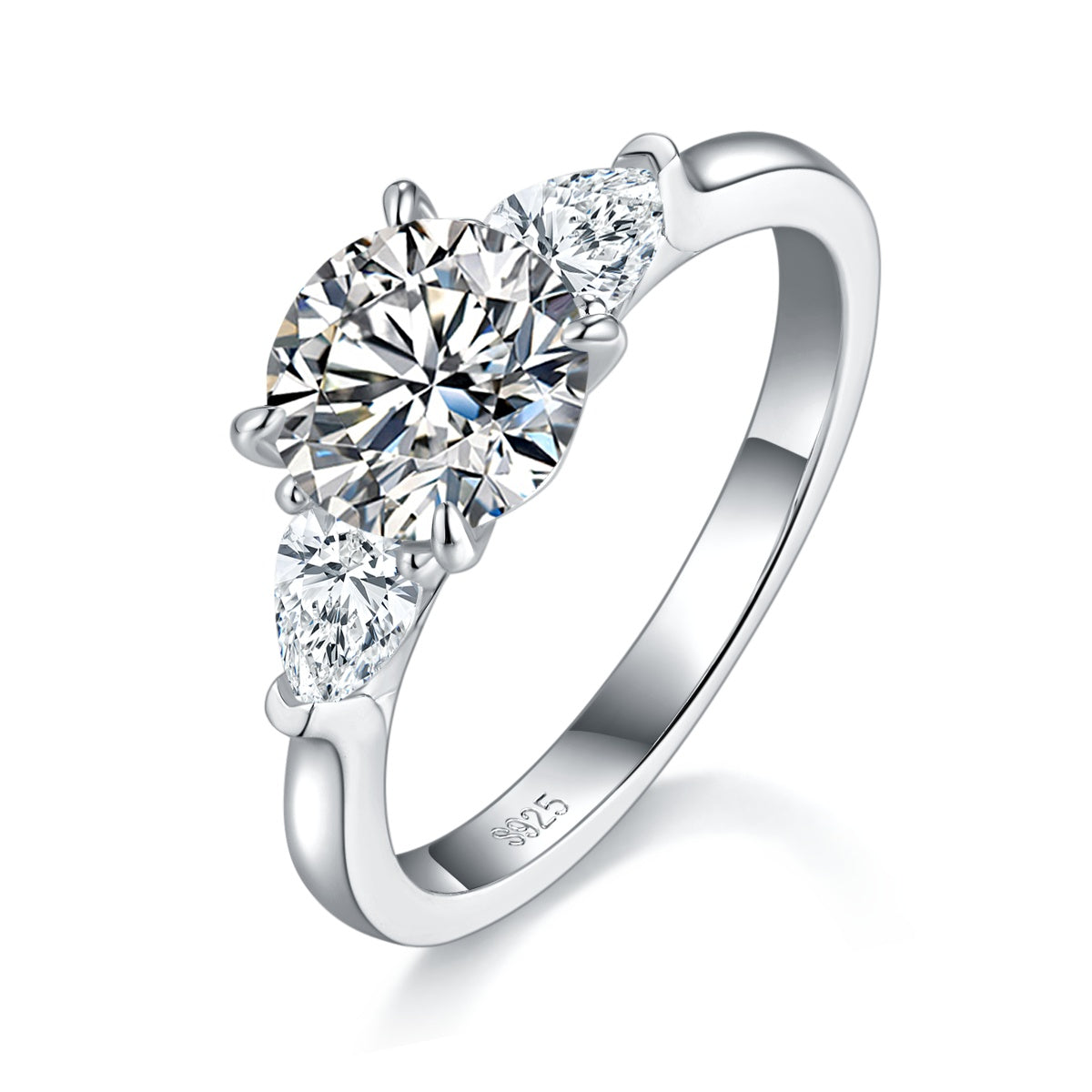 2 Carat Round Moissanite Engagement Ring, 3-Stone S925 Silver Platinum Plated, D Color VVS1 With GRA Certificate, US Size 5-9.