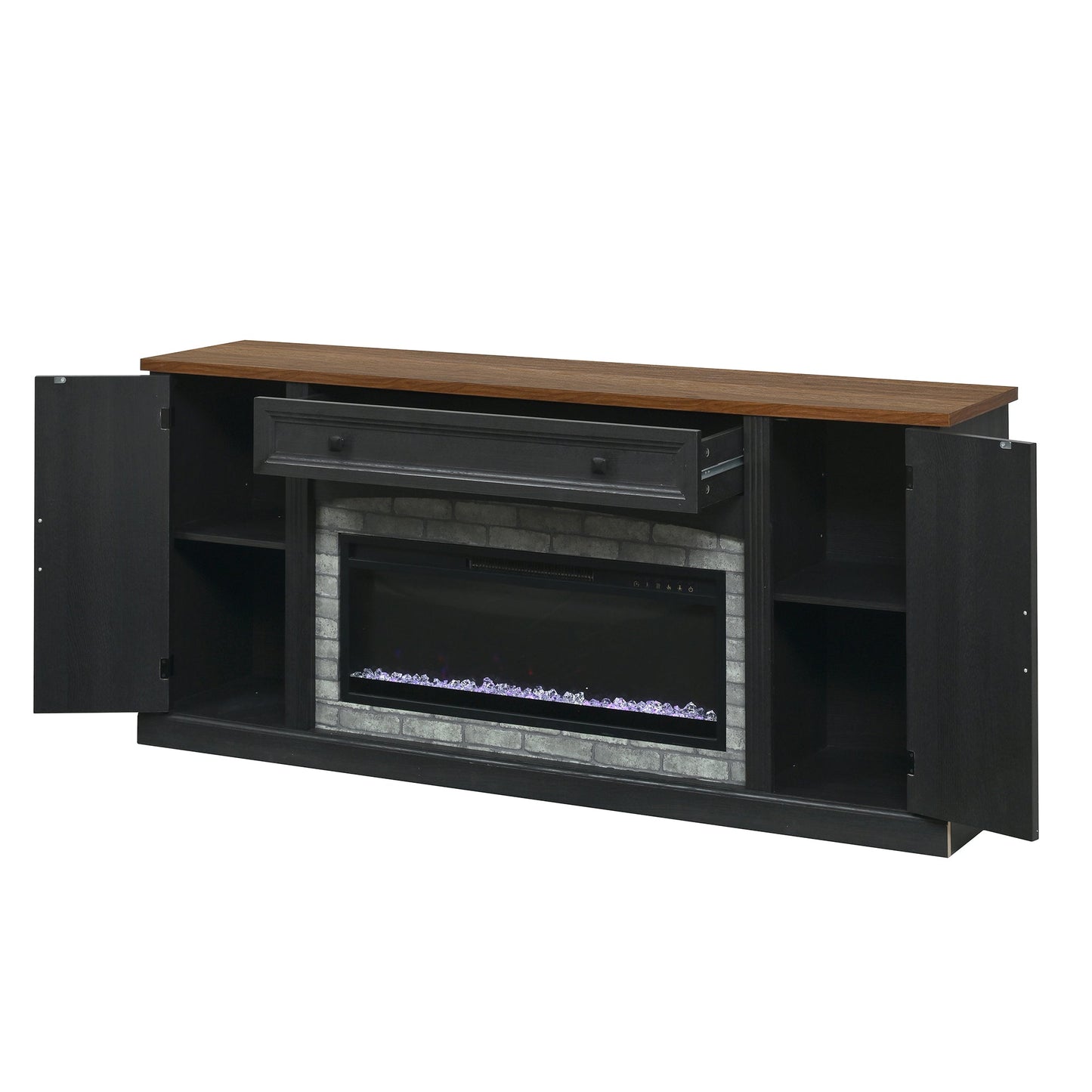 TV Stand Fireplace Black MDF Walnut Top Gray Brick 1400W Fits 70 In TV 66.9 In