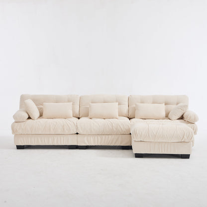 Sectional Sofa L-Shape Flannelette Beige 4 Seat Ottoman 123 In Deep Seat