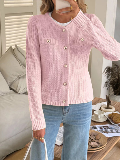 Button-Front Ribbed Long Sleeve Cardigan