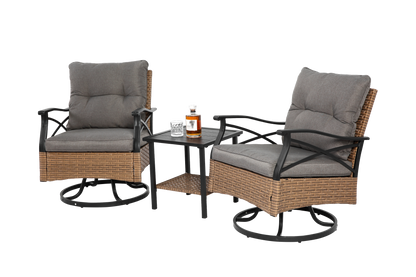 Outdoor Patio Set PE Rattan Steel Brown Swivel Rocker 3 Piece 350 LB
