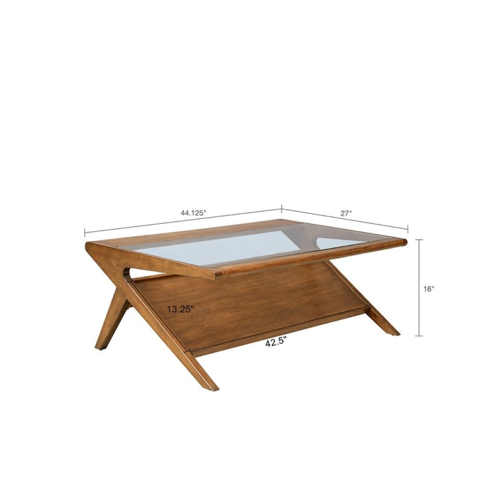 Coffee Table with Tempered Glass Top | Solid Wood Frame, Pecan Finish, Lower Shelf Storage