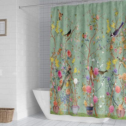Green Flower-bird Print Shower Curtain