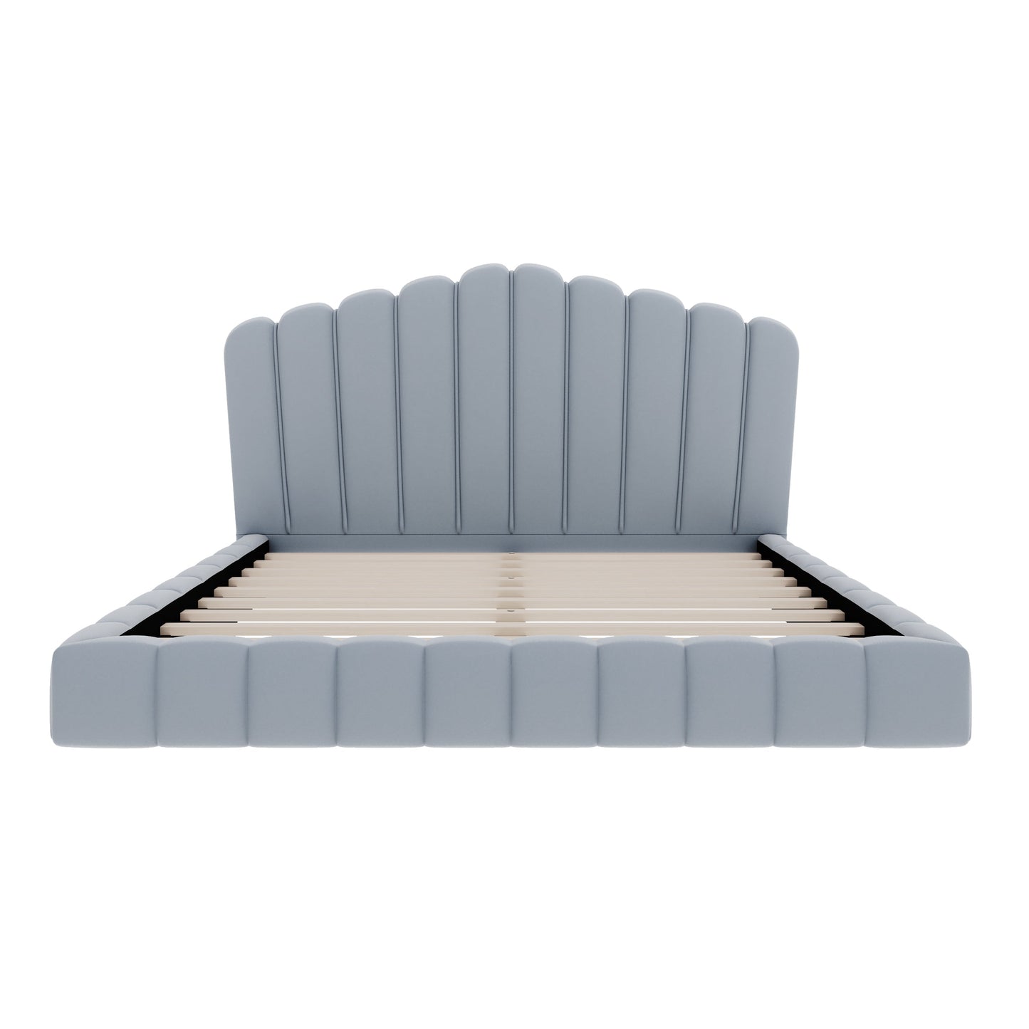 Velvet Upholstered Queen Bed Frame with Shell-Shaped Headboard, Light Blue